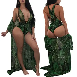 אופנה להראות סקסי Bandeau ביקיני גבוהה לחתוך חתיכה אחת בגד ים נשים עלים מודפס