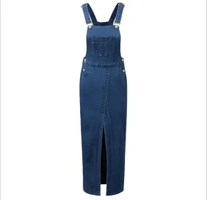 EY0423A Women Denim Aline Pinafore Dress In Rust