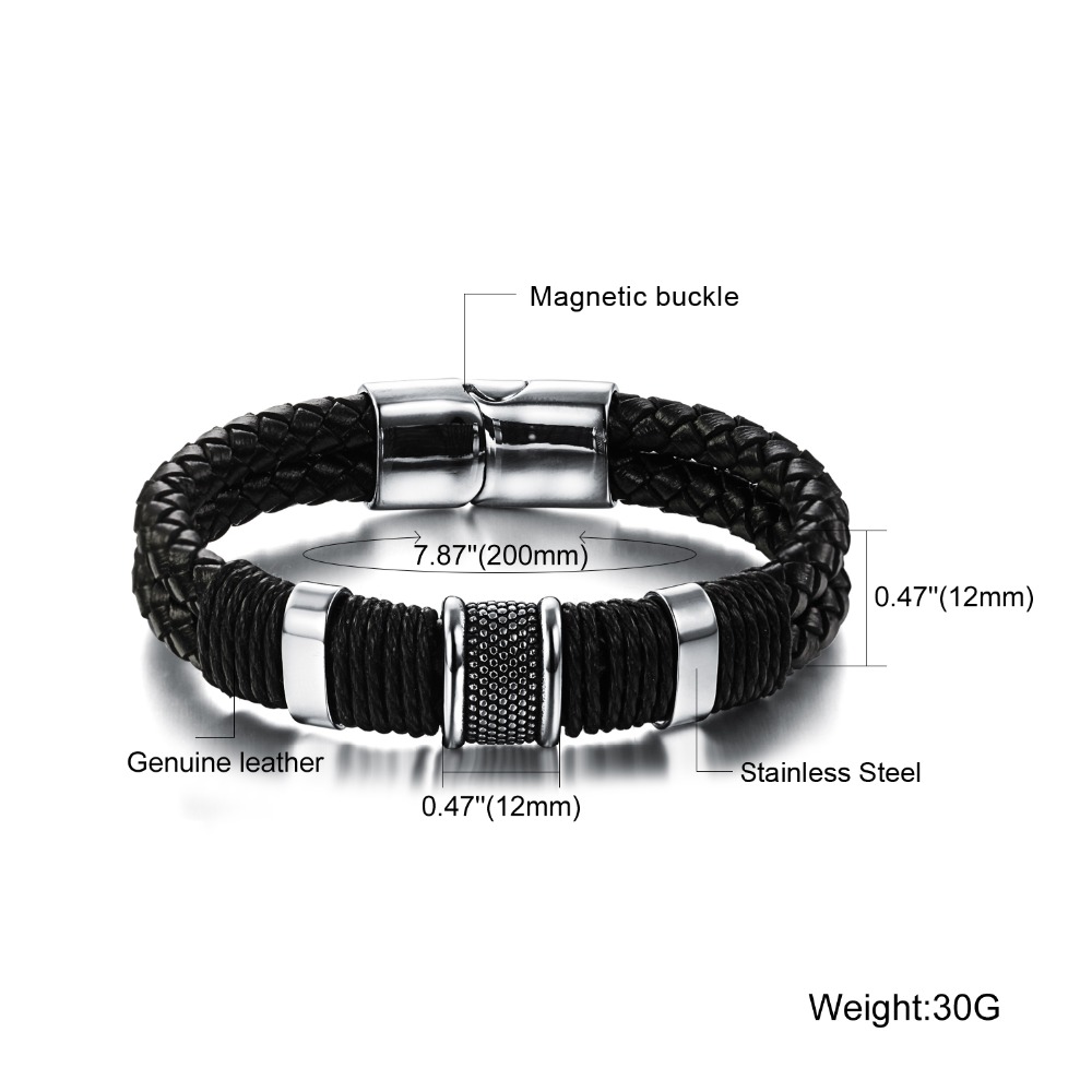 Dernières 2018 Conception À La Main Cire Corde Double Wrap Noir Tressé En Acier Inoxydable Magnétique Bracelet En Cuir