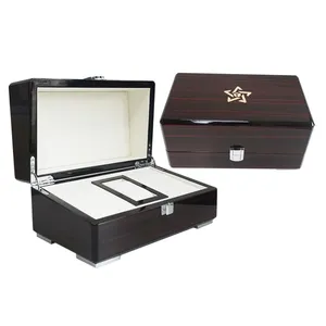 Branded wood watch packaging gift case custom metsal logo RL hinge solid wooden watch holder box with leather lining