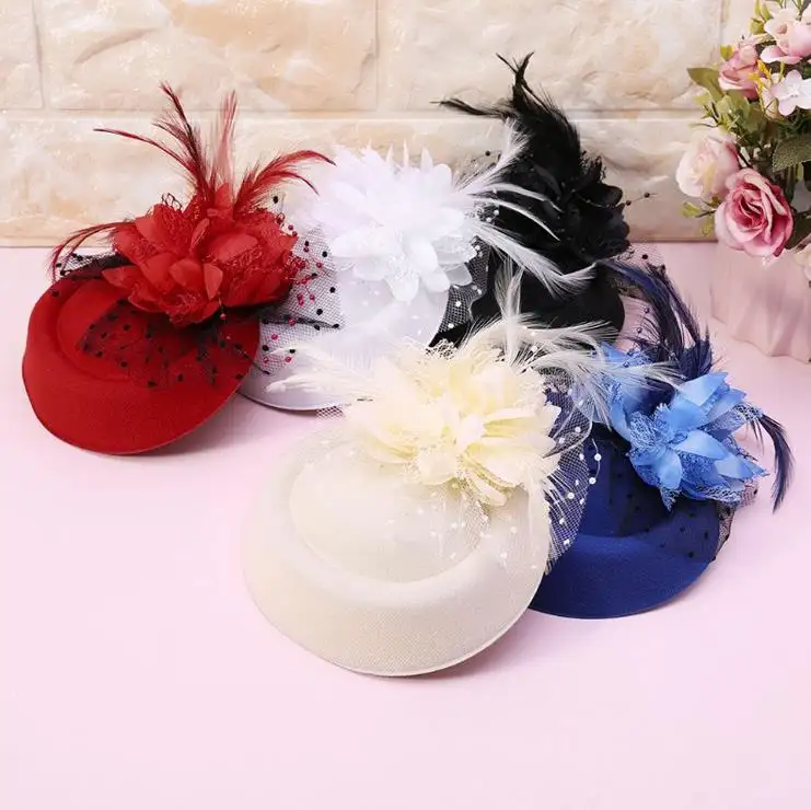 Offre Spéciale Vintage fleur épingle à cheveux haut chapeau de fête multi couleur plume voile chapeau en gros