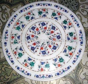 Assiette décorative pour la maison en marbre blanc poli exclusif, pierre semi-précieuse à motif floral - Product Image 1