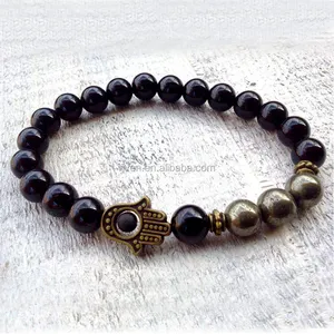 SN0591 Mala Pyrite Hamsa Fatima Hand Men Black Onyx And Pyrite Bracelet Hamsa Jewelry