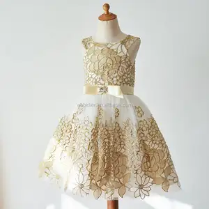 Vestido de princesa, vestido de ouro de renda marfim, de casamento, dama de honra, aniversário, festa, vestido infantil, vestido para meninas