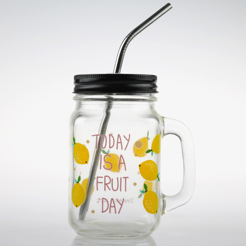 With custom printing and stainless steel straw 16oz glass mason jar