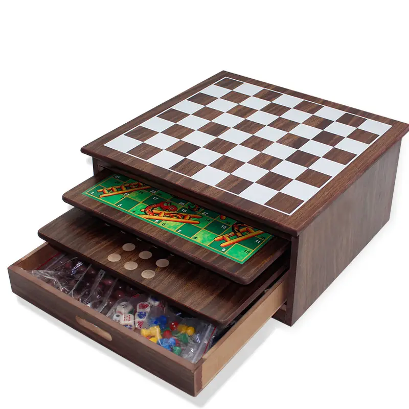 Multi 15 en 1 table d'échecs en bois jeu de société jouet avec backgammon d'échecs ludo domino jeu de mikado pour le divertissement des enfants