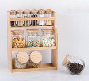 CP196W 6 Cái 80Ml Glass <span class=keywords><strong>Spice</strong></span> Jar 3 Cái 680Ml Và 3 Cái 500Ml Thủy Tinh Vuông Lưu Trữ Thực Phẩm Jar Với Nắp Gỗ Đứng Bằng Gỗ - Product Image 1