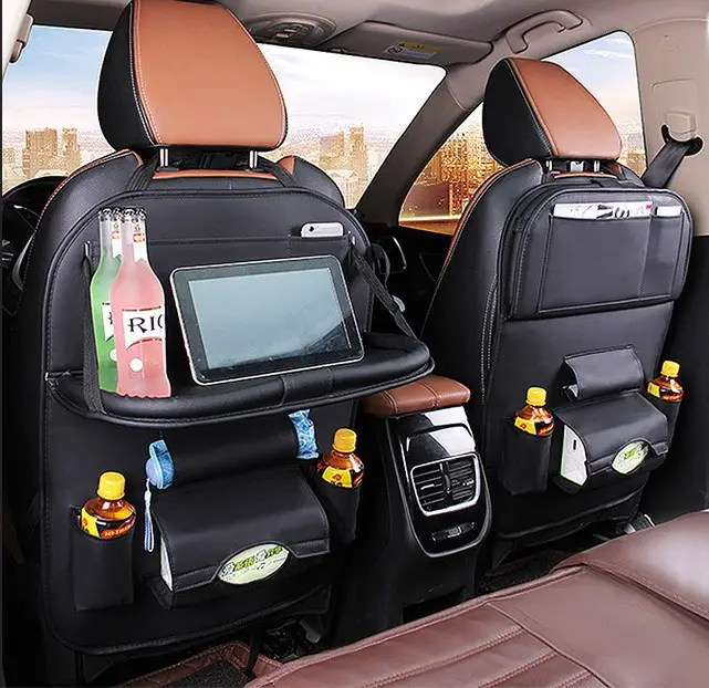 Bonito organizador con bandeja para asiento trasero de coche, de cuero PU