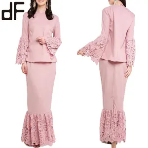 OEM Latest Elegant Women Dresses Evening Malaysia Modern Islamic Clothing Muslim Brida Dress Pink Long Sleeve Lace Baju Kurung
