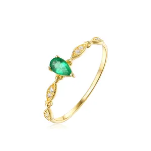 Elegante Art Deco Solid 14K Gold Pear Cut Echt Emerald Teardrop Ring