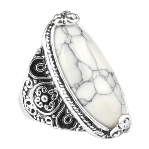 Wholesale Stylish 5Colors Marbled Silver Vintage Oval Stone Ring