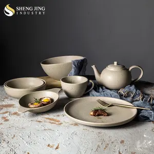 Shengjing Peralatan Makan Keramik Pedesaan, Set Makan Malam Porselen Berbintik Coklat Abu-abu Matte untuk Penggunaan Rumah Restoran