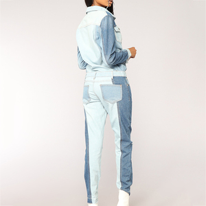 Nuevo diseño mujeres <span class=keywords><strong>Denim</strong></span> Romper Lapel Botón de manga larga roto azul mono - Product Image 2