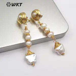 WT-E554 Easy Matching Women Jewelry Gold Thread Around Pearl Earrings Freshwater Pearl Earrings