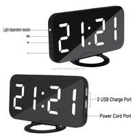 Jam Alarm Meja Digital Layar LCD Cermin Besar dengan Lampu LED Pintar dan Pengisi Daya USB Ganda - Dapat Digantung di Dinding atau Berdiri Bebas