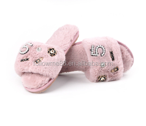 Ensemble sexy pour femme : pantoufles Auger, sandales à fleurs et perles, sandales imprimées mignonnes, tongs roses, sandales en fourrure véritable et moelleuse pour femme - Product Image 2