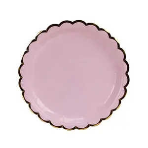 Classical Hot Sell Disposable 250gsm 9 inch Pink Lace Gold Rim Paper Plates