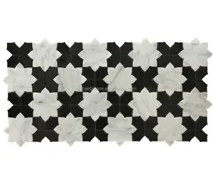 Marmer mosaik ubin di jala/putih dan hitam lantai ubin, mosaik marmer carrara putih
