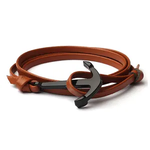 Pulsera de ancla de moda clásica para hombre y mujer, brazalete de cuero de cuerda multicapa trenzada, regalo de joyería (KB8107)