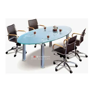 Table de conférence de bureau moderne, de forme ovale, à 4 places, avec dessus en verre