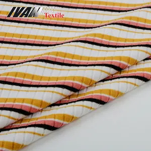 Women garment fashion knitted rib yarn dyed stripe polyester rayon spandex jersey stretch fabric