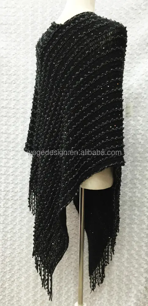 Mode nieuwe aankomst effen zwarte gebreide sequin shiny silver threads weave strepen haak shawl