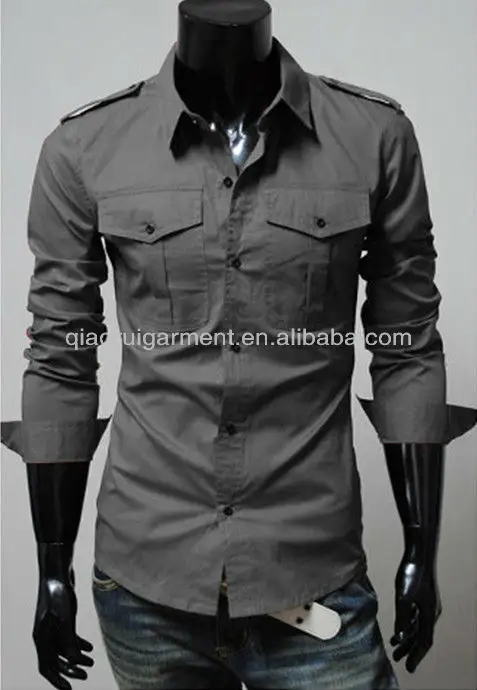 2013 New stylish mens long sleeve plain color slim fit casual shirts with two shoulder strap and two pockets