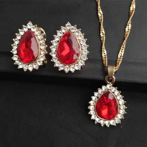 18 k gold plated Ruby necklace earring fashion jewelry set
