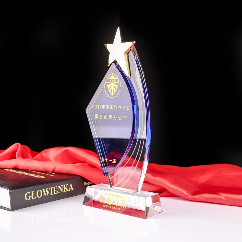 Trofeo de cristal personalizado de fábrica, placa de estrella de metal, trofeo de premios, Premio de Reconocimiento