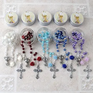 Rosario Cattolico per Prima Comunione <span class=keywords><strong>con</strong></span> Perle di Vetro da 4mm e Perle di <span class=keywords><strong>Corallo</strong></span> Rosa, Collana per Battesimo <span class=keywords><strong>con</strong></span> Scatola in Vetro e Adesivo a Forma di Calice - Product Image 1