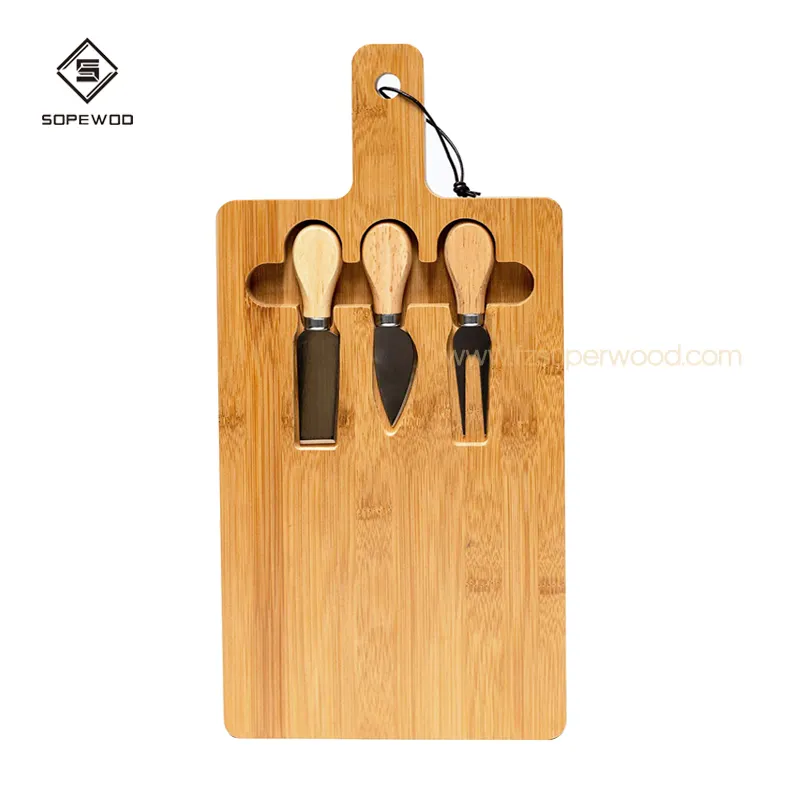 Mini tabla de corte de bambú con logotipo personalizado de fábrica, con juego de cubiertos, venta al por mayor