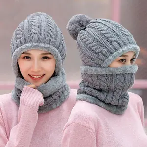 2018 Hot Selling Winter Warm Cable Knit Pom Pom Muts Sjaal Set