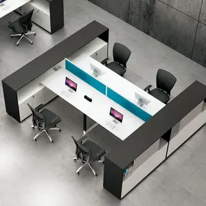 مكتب محطة العمل 4 مقاعد مكتب طاولة موظفين مع شاشة مقسمة درج سلسلة مجموعة