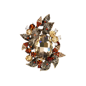 Fabriek Directe Verkoop Antieke Gold Plating Vintage Stijl Grote Koffie Crystal Rhinestones Leaf Plant Decor Broches