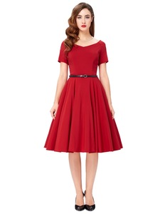 OEM Short Sleeve Black 50s Vintage V-neck Swing Red Party Dress