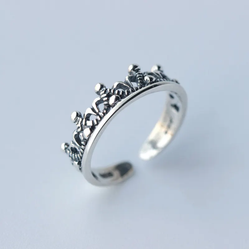 925 Sterling Silver Thai Silver Rings For Women Simple Retro Vintage Fashion Crown Open Flexible Ring Fine Jewelry