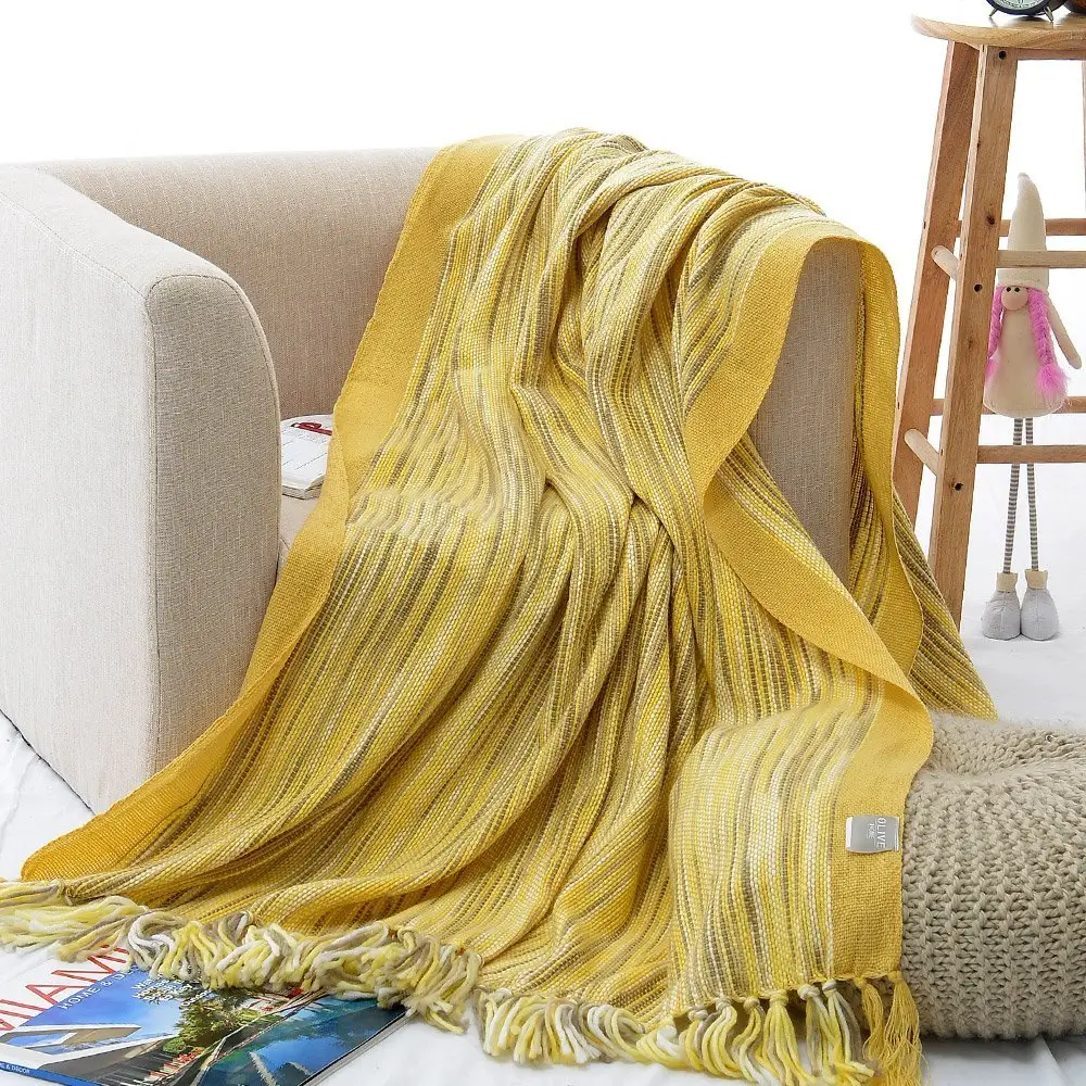 Trang Trí Ném Chăn Couch Ném Sofa Cover Bộ Đồ Giường Mềm Mại Chăn Màu Vàng Ném Với Fringe