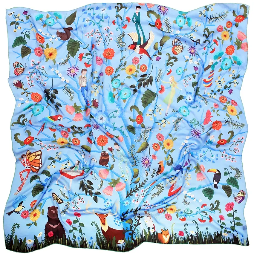 Georgette-bufanda cuadrada de seda a la moda con patrón de flores coloridas y animales cepillados, 90cm