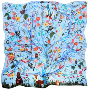 90cm Custom made Colorful Flowers and Animal Brushed Pattern Fashion Square Silk Georgette Scarf