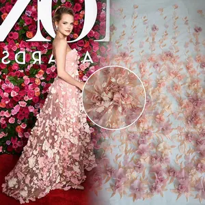 Лучшие продажи французский персиковые и розовые 3d цветок кружева вышитые ткани Высокое качество Чистая кружевная ткань для свадебного платья HY0738-3