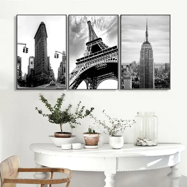 高層ビルエッフェル塔黒と白の油絵パリ3D壁掛けアート装飾