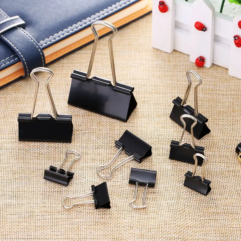 Customized packing hot sell 130pcs pack 6 size black metal paper binder clips