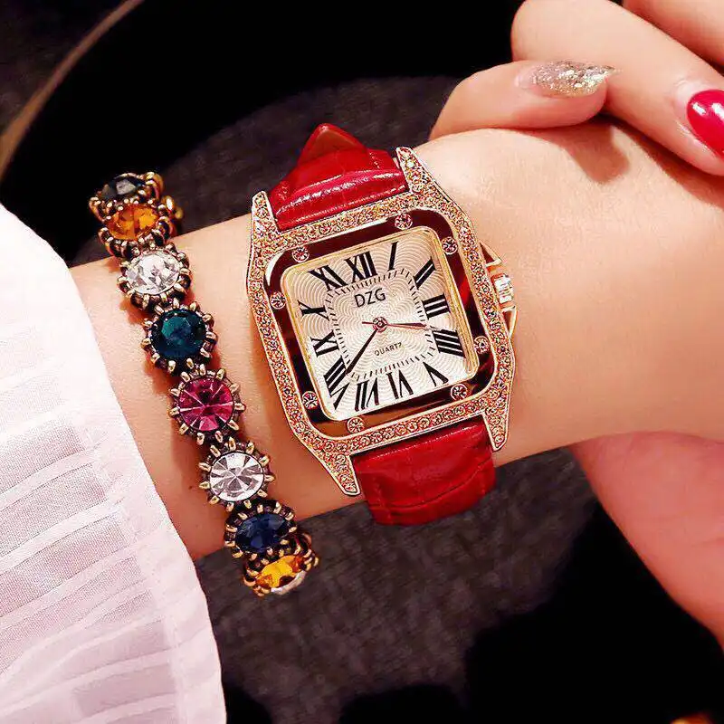 DAICY factory wholesale new design fashion beautiful quartz women red pu leather diamond wrist watch