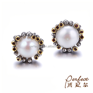 Pulsante Handmade Della Perla 925 <span class=keywords><strong>Orecchini</strong></span> Gioielli In <span class=keywords><strong>Argento</strong></span> con Granato - Product Image 2