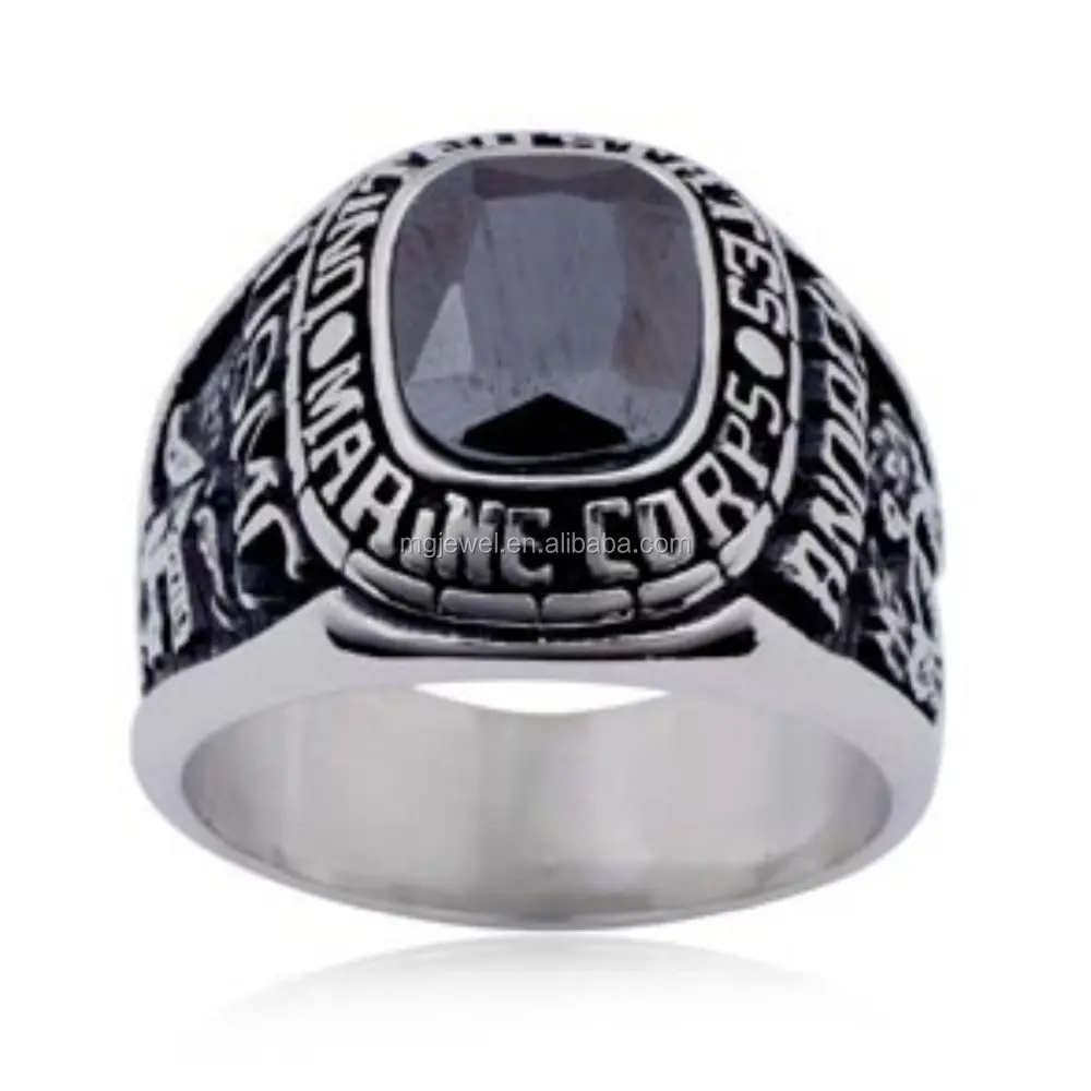 Stainless steel Marine corps ring custom made with big black stone