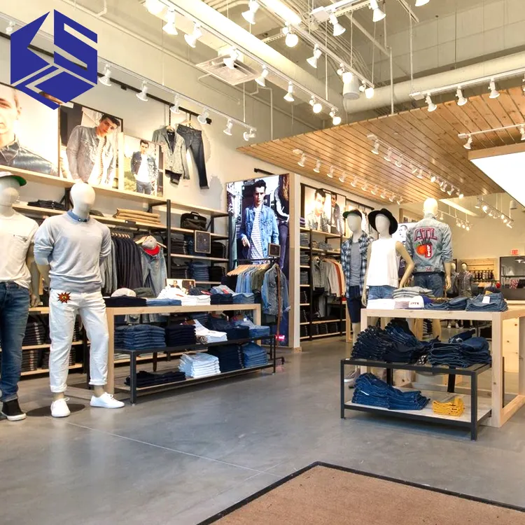 Fornitore della cina negozio di abbigliamento decorazione idee di legno dei jeans tabella di visualizzazione del basamento di disegno