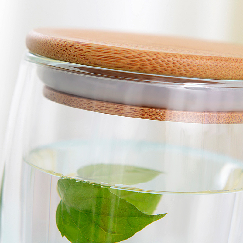 350ML heat resistant double wall glass tea cup with bamboo wooden lid