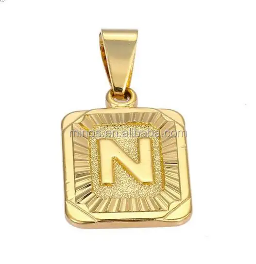 Mens Womens Yellow Gold Plated Square Pendant Capital Letter, Gold Square Letter Pendant Necklace