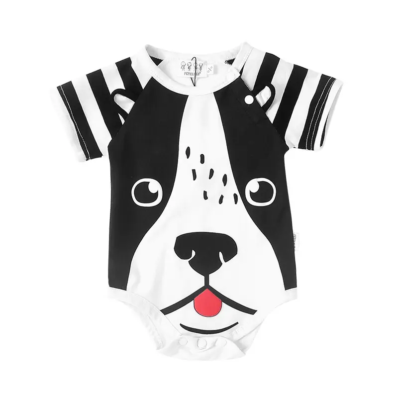 कुत्ते मुद्रण डिजाइन नई नवजात लड़का कपड़े Rompers लघु रागलाण आस्तीन मजेदार पशु पहनने शरीर बच्चे काले और सफेद दौर गर्दन 500