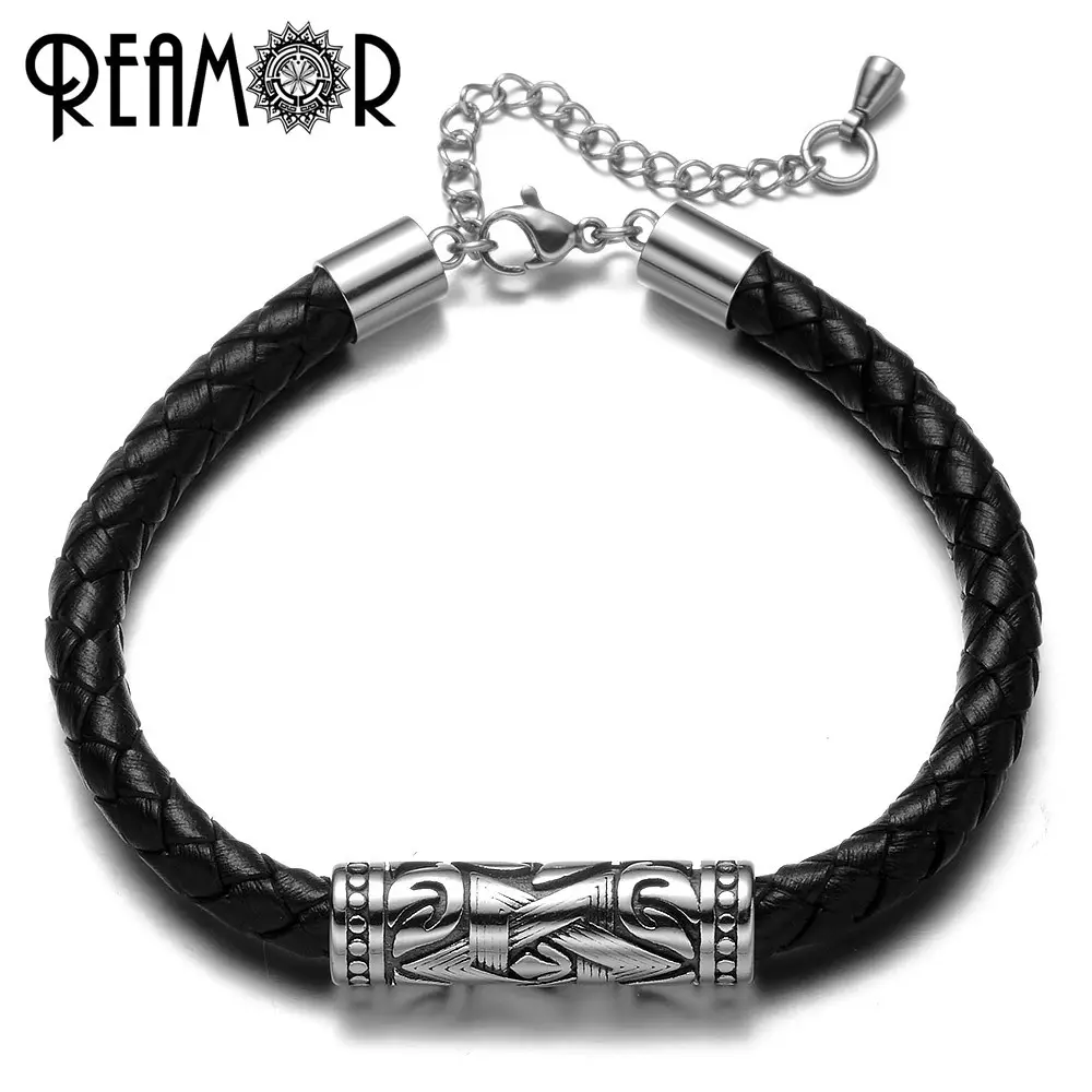 REAMOR-pulsera de cuero para hombre y mujer, brazalete de acero inoxidable con cuentas de Estrella de David, cierre de langosta, 316l